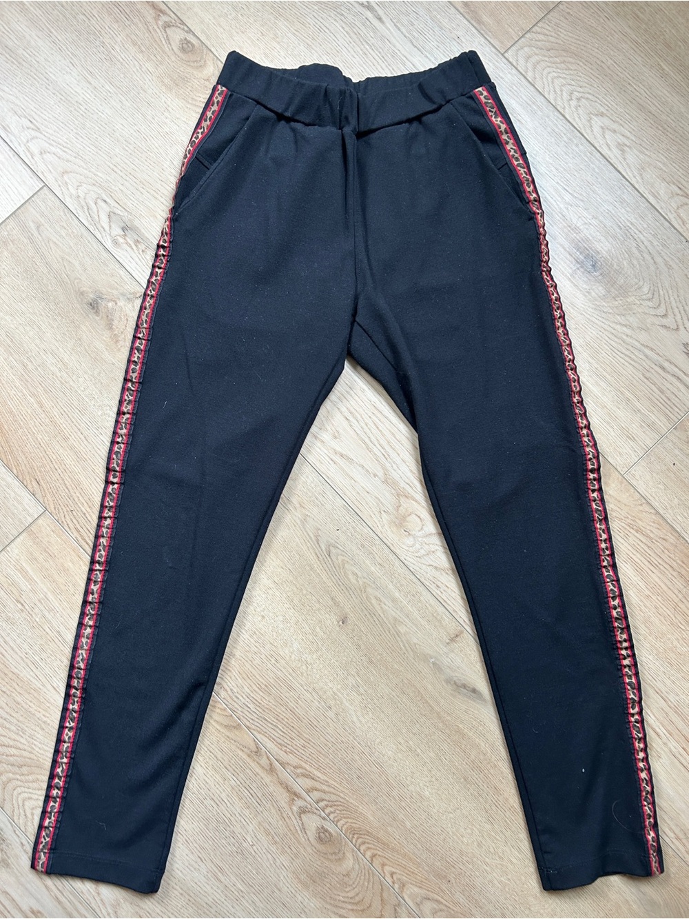 Black Ankle Jogger Pants with Red Leopard Side Stripe